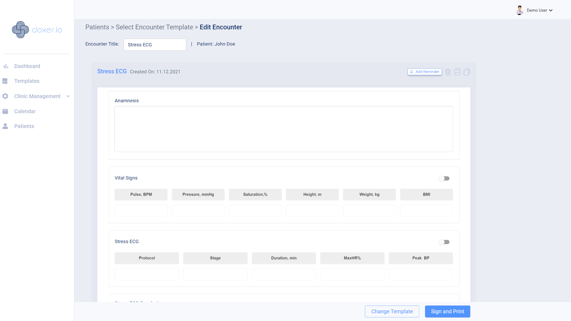 Medical charting software interface showing electronic health record template
